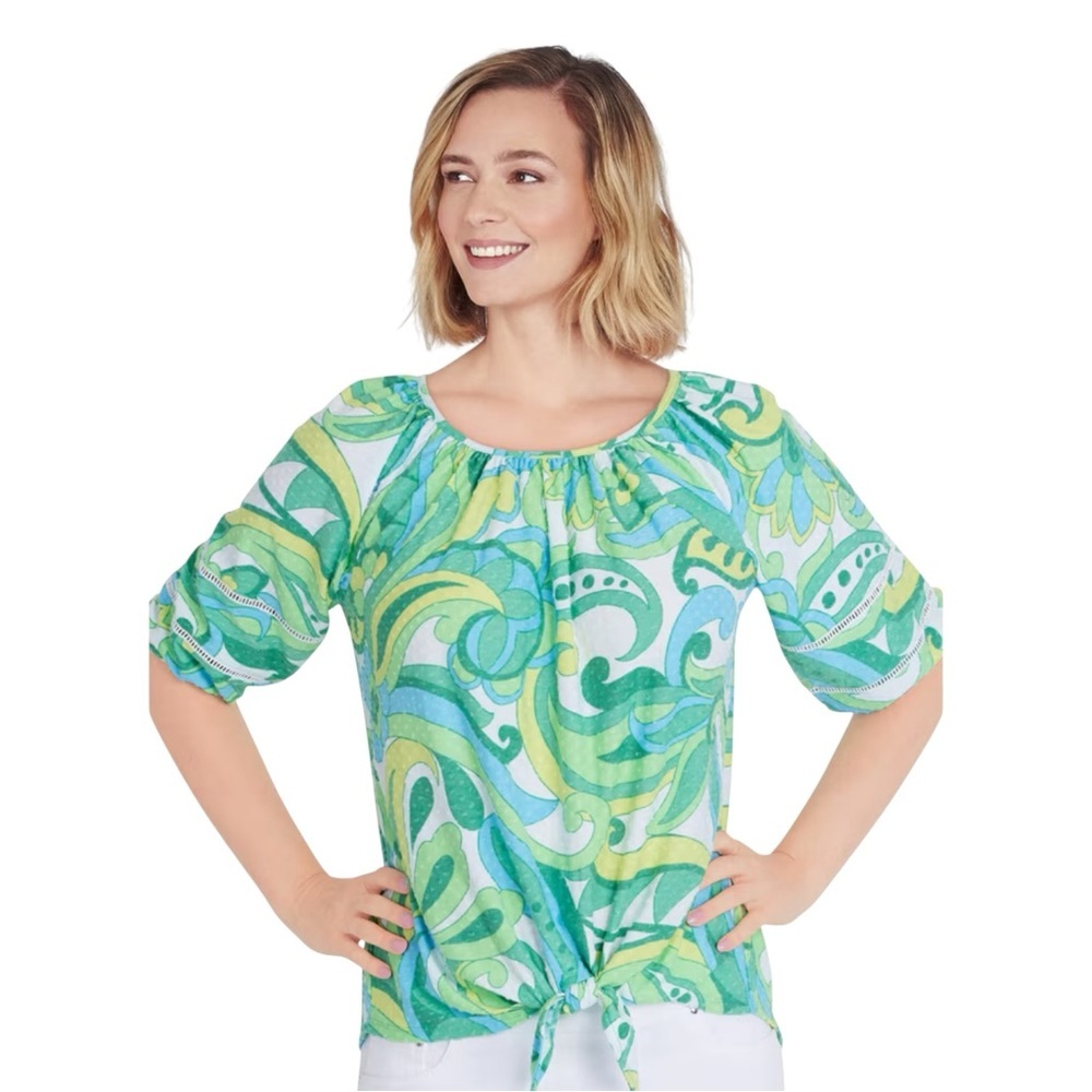 Ruby Rd. Isla Verde Paradise Dot Top with 3/4 Sleeves and Tie Front